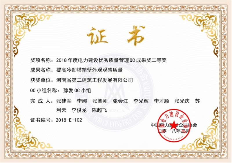 QC(中國電力建設企業協會)豫發QC小組二等獎（提高冷卻塔筒壁外觀觀感質量