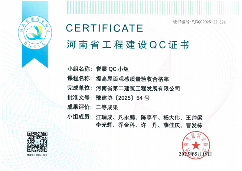 譽展QC小組榮獲河南省建筑業協會二等成果--國悅城譽府項目部